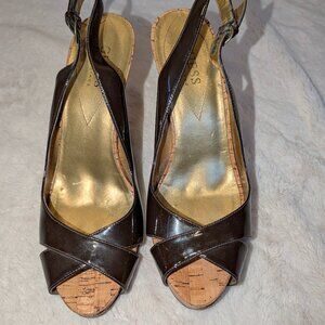Guess Leather Strappy Sandals Stilleto Brown Cork Peep Toe 7.5